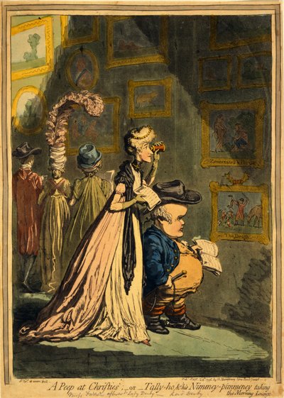 Een kijkje bij Christies, of Tally-ho en zijn Nimeney-Pimmeney nemen de ochtendlounge, uitgegeven 1796 door James Gillray